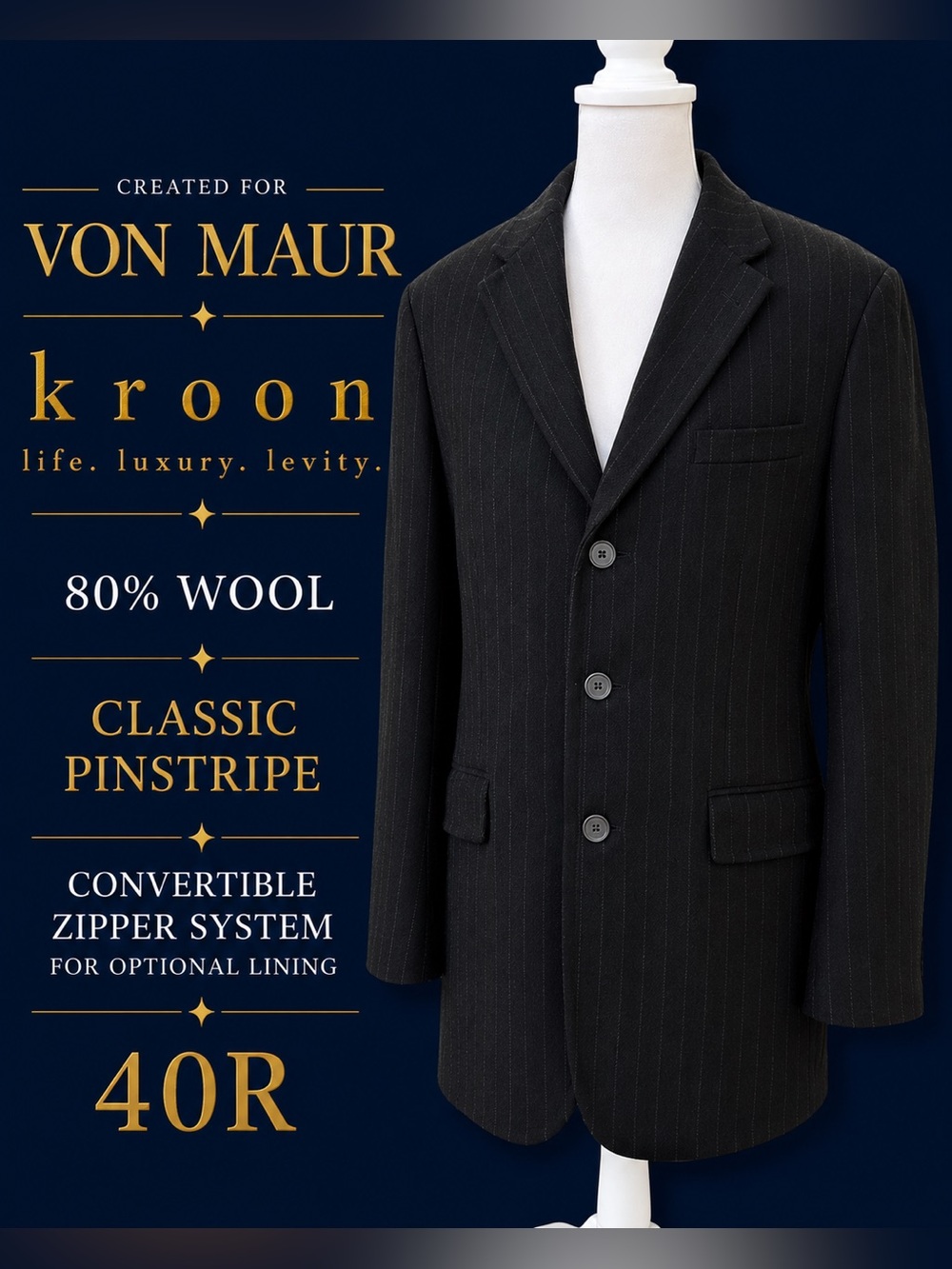 Kroon Life Luxury Levity Black Pinstripe Wool Blend Sport Coat Blazer